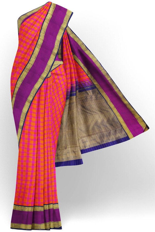sri kumaran stores kanchipuram silk saree orange saree with golden purple border 2