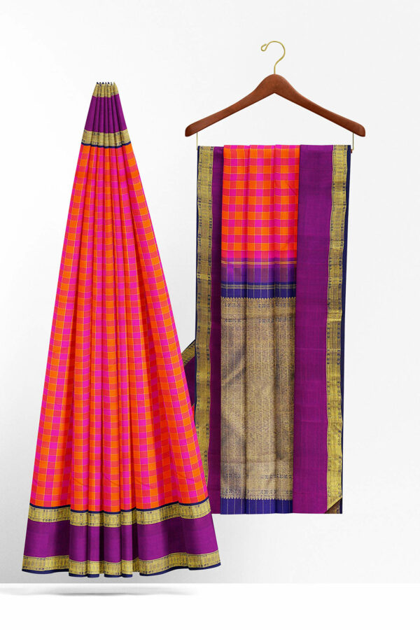 sri kumaran stores kanchipuram silk saree orange saree with golden purple border 3