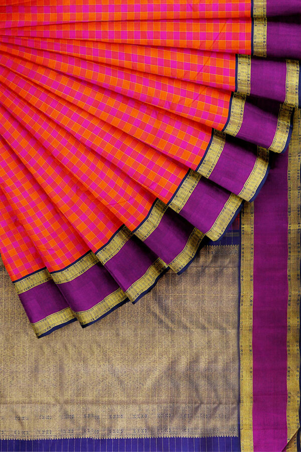 sri kumaran stores kanchipuram silk saree orange saree with golden purple border 4