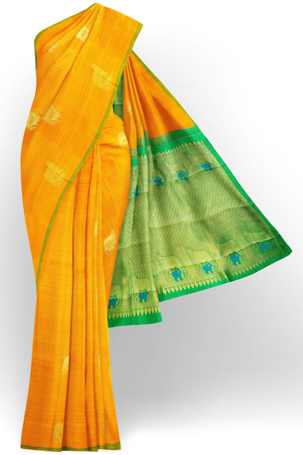 sri kumaran stores kanchipuram silk saree orange saree with green border 2