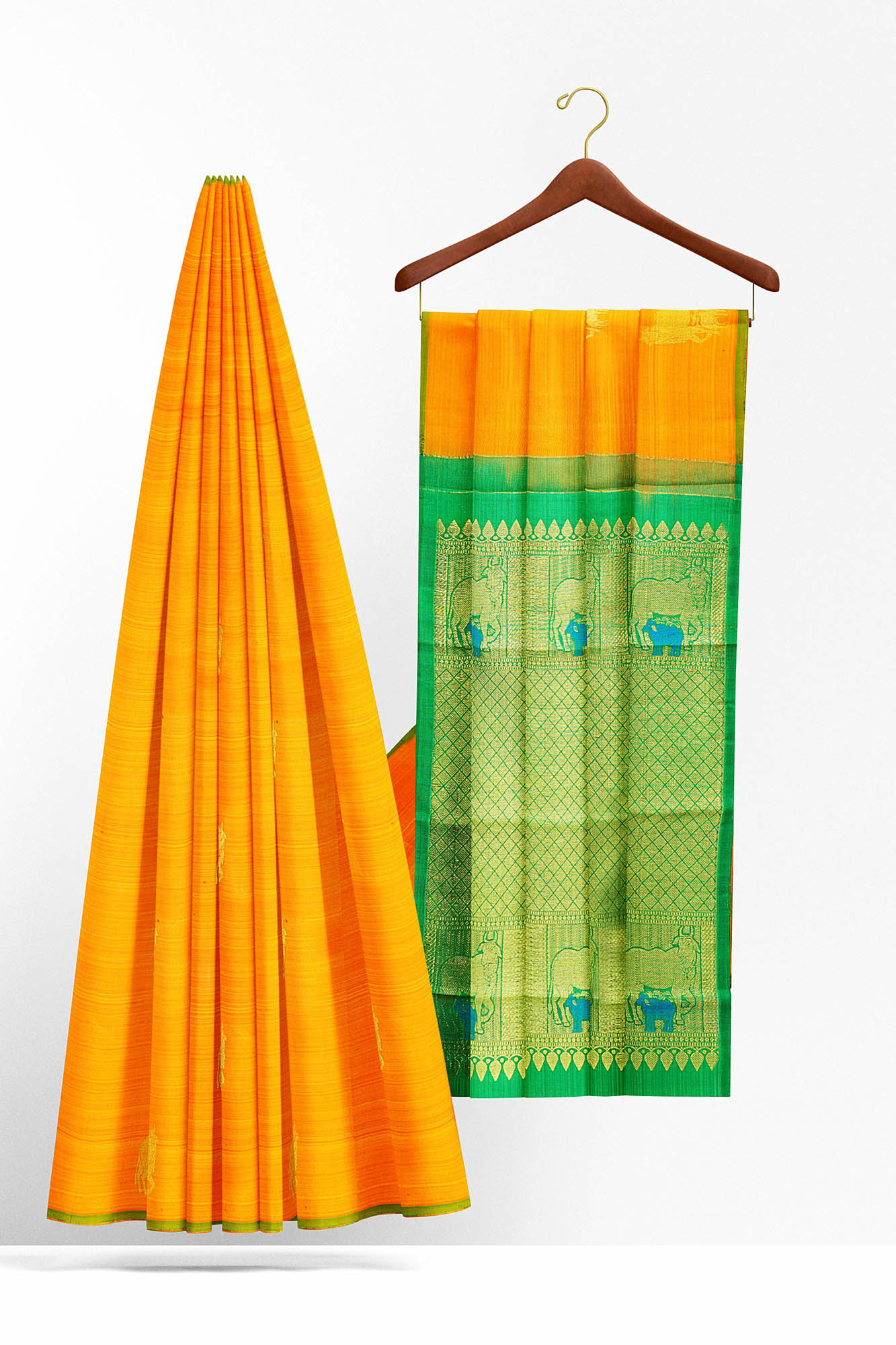 sri kumaran stores kanchipuram silk saree orange saree with green border 3