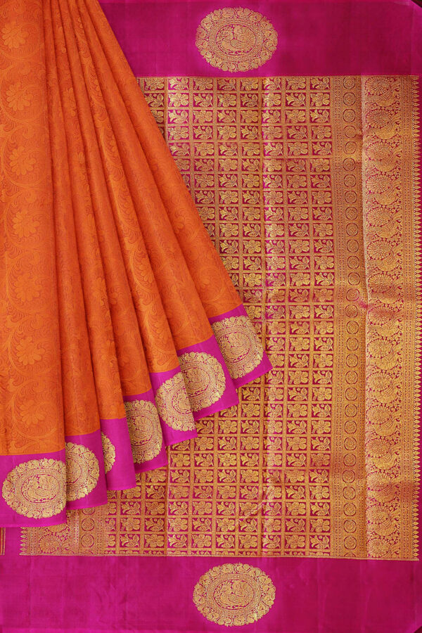 sri kumaran stores kanchipuram silk saree orange saree with pink border 1 1