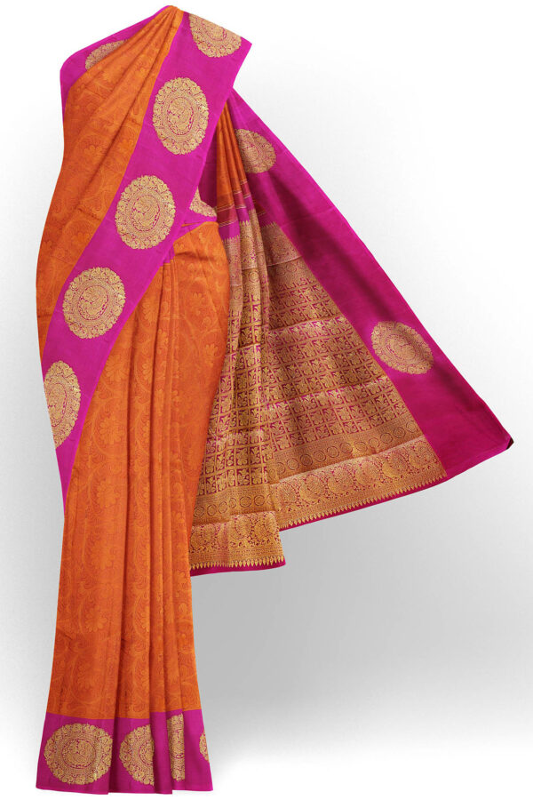 sri kumaran stores kanchipuram silk saree orange saree with pink border 1 2