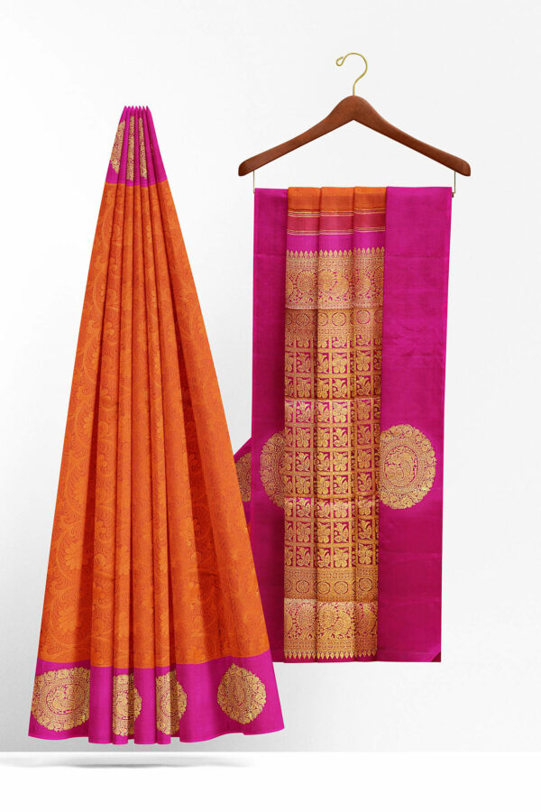 sri kumaran stores kanchipuram silk saree orange saree with pink border 1 3