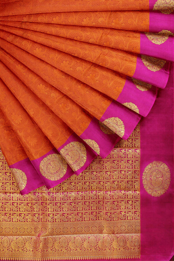 sri kumaran stores kanchipuram silk saree orange saree with pink border 1 4