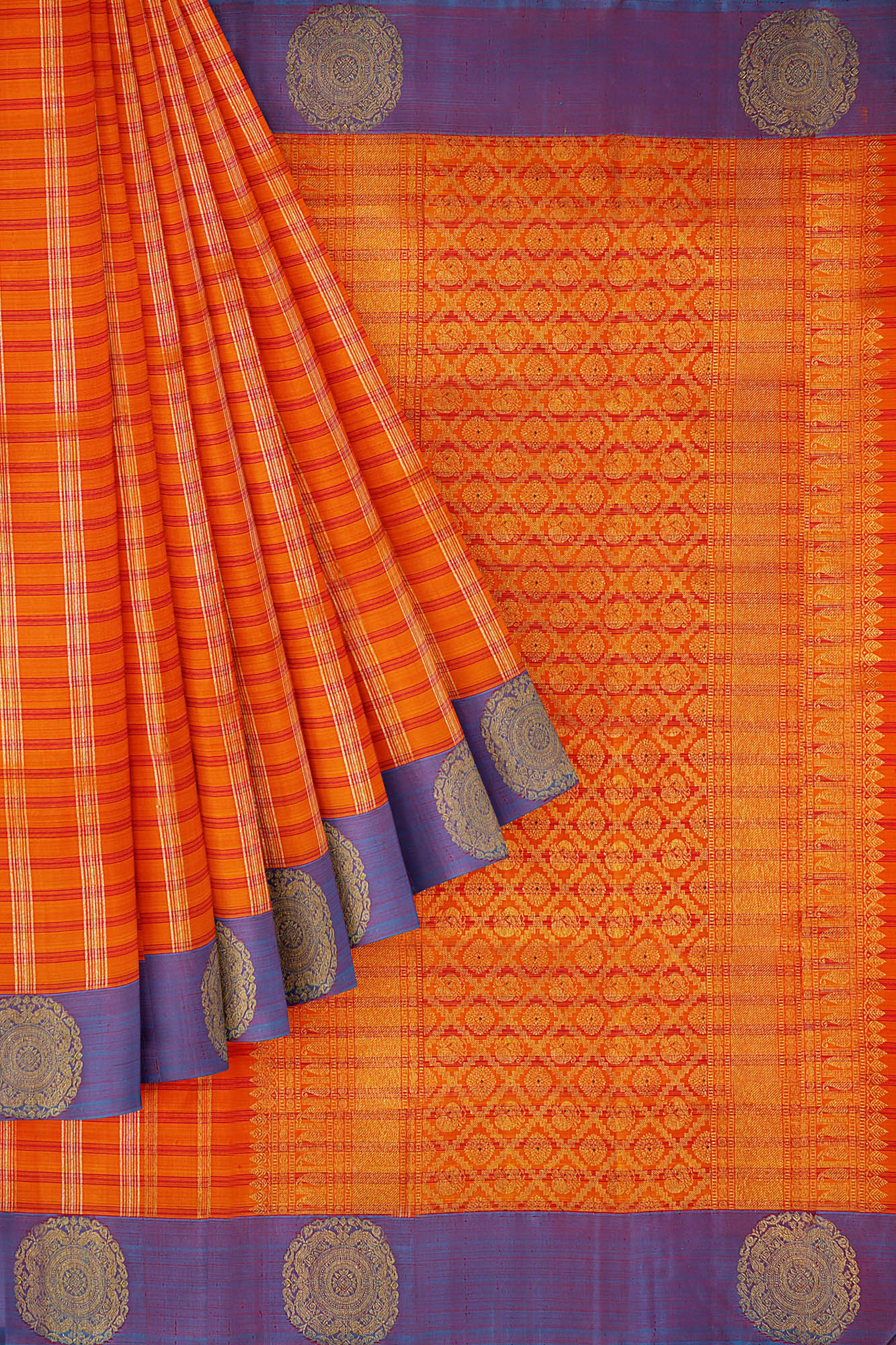 sri kumaran stores kanchipuram silk saree orange saree with purple border 1