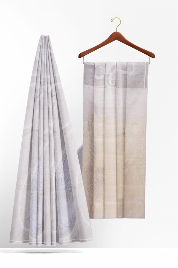 sri kumaran stores kanchipuram silk saree pearl grey saree with grey border 3