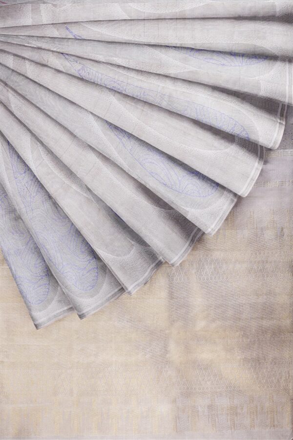 sri kumaran stores kanchipuram silk saree pearl grey saree with grey border 4