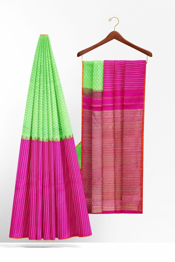 sri kumaran stores kanchipuram silk saree pink and green saree with pink and green border 3