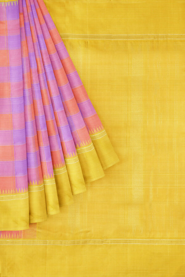sri kumaran stores kanchipuram silk saree pink and purple saree with golden yellow border 1