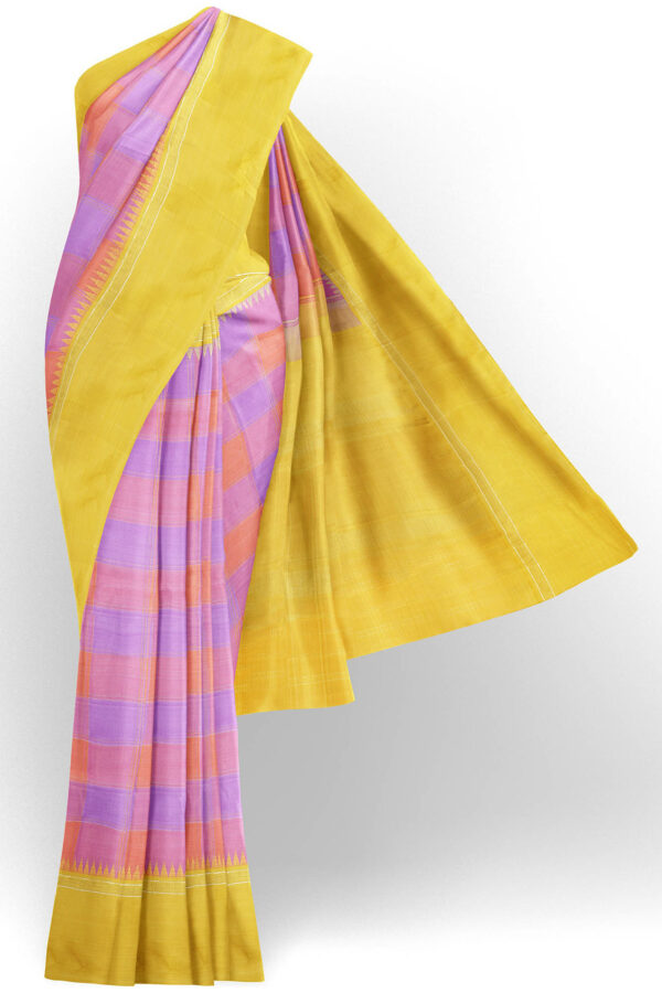 sri kumaran stores kanchipuram silk saree pink and purple saree with golden yellow border 2