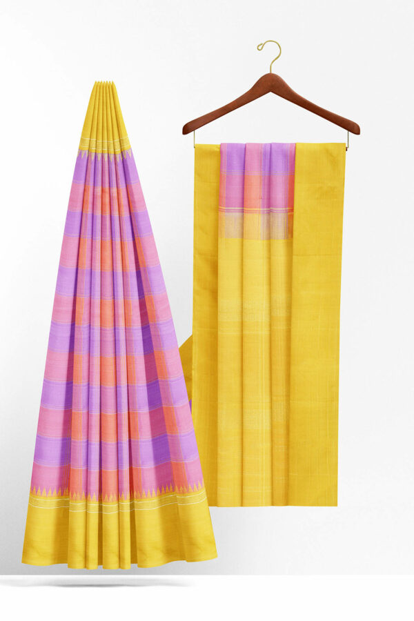 sri kumaran stores kanchipuram silk saree pink and purple saree with golden yellow border 3