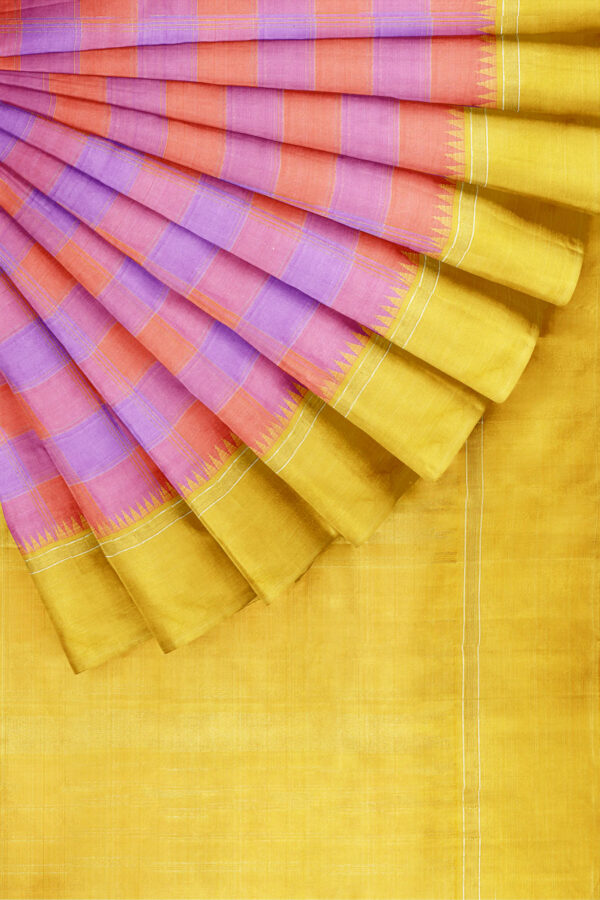 sri kumaran stores kanchipuram silk saree pink and purple saree with golden yellow border 4