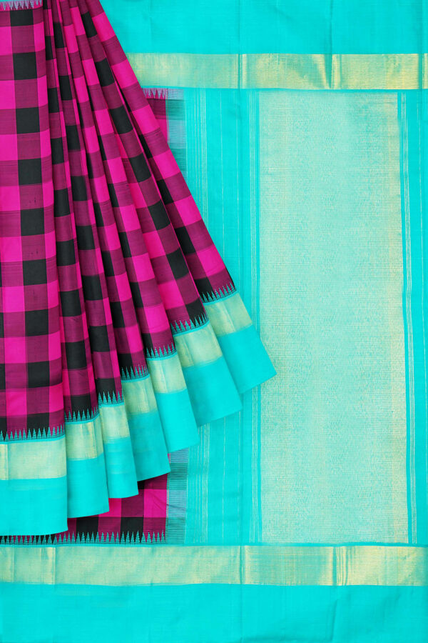 sri kumaran stores kanchipuram silk saree pink black checked saree with sky blue border 1
