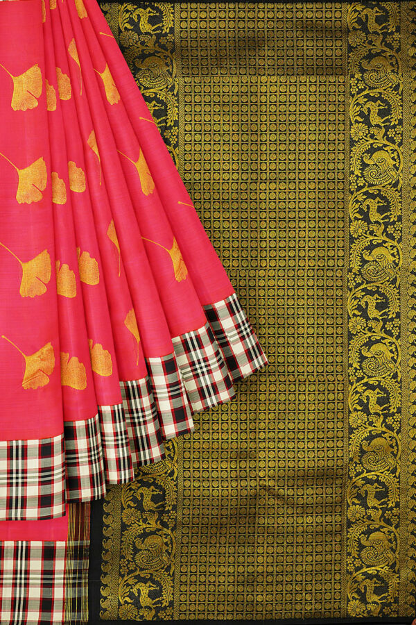 sri kumaran stores kanchipuram silk saree pink saree with black checked border 1