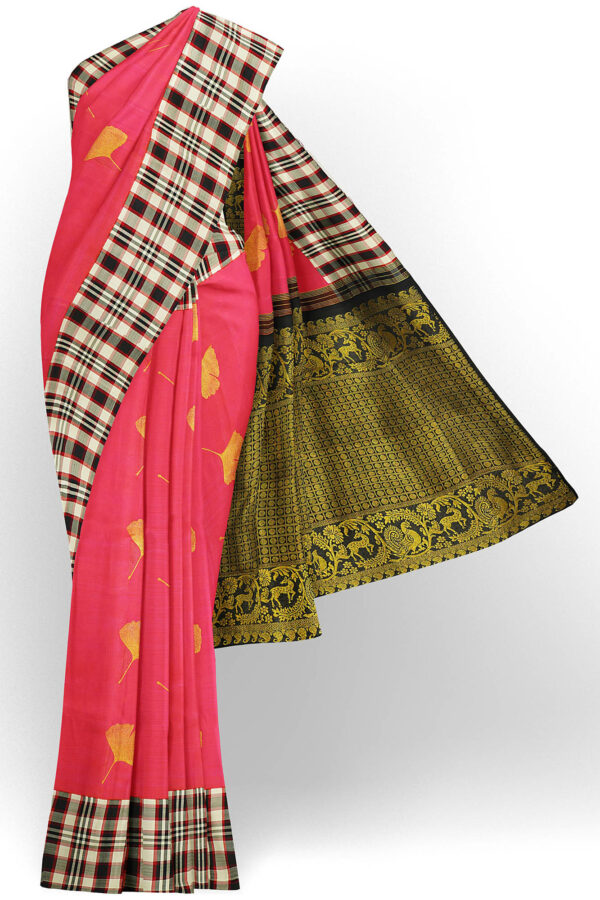 sri kumaran stores kanchipuram silk saree pink saree with black checked border 2