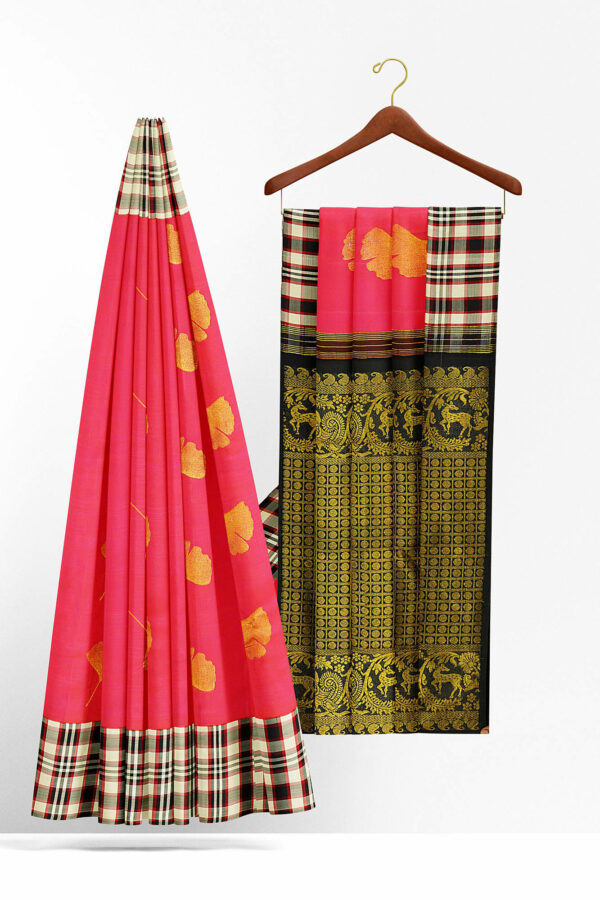 sri kumaran stores kanchipuram silk saree pink saree with black checked border 3