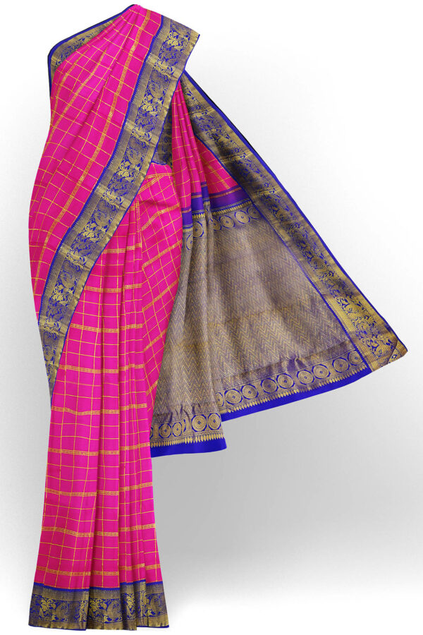 sri kumaran stores kanchipuram silk saree pink saree with golden dark blue border 2