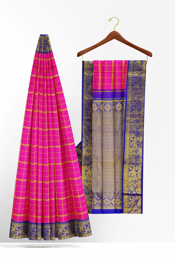 sri kumaran stores kanchipuram silk saree pink saree with golden dark blue border 3