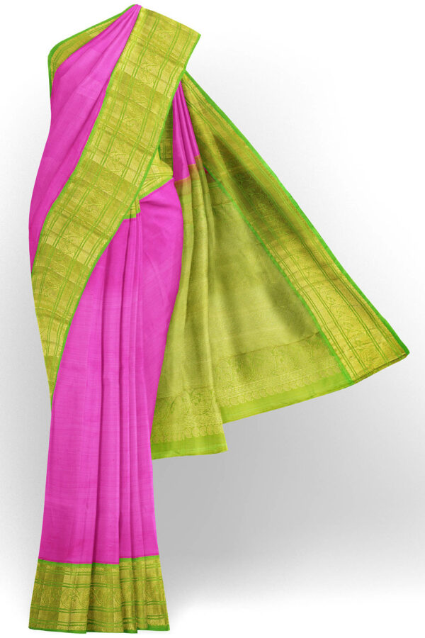 sri kumaran stores kanchipuram silk saree pink saree with golden green border 2