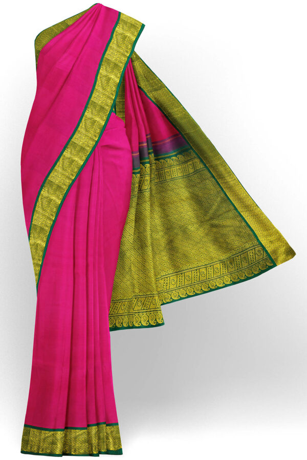 sri kumaran stores kanchipuram silk saree pink saree with golden green border 1 2