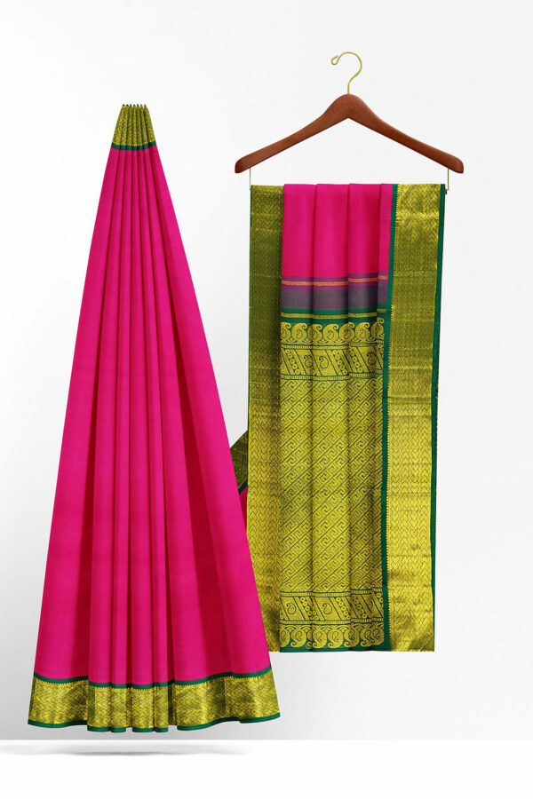 sri kumaran stores kanchipuram silk saree pink saree with golden green border 1 3