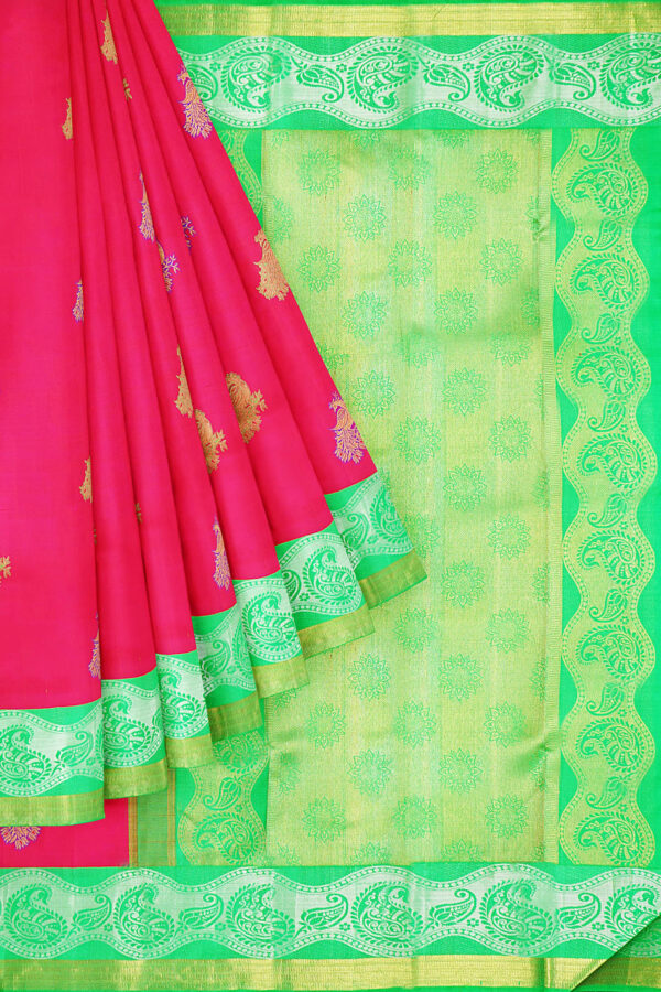 sri kumaran stores kanchipuram silk saree pink saree with golden neon green border 1
