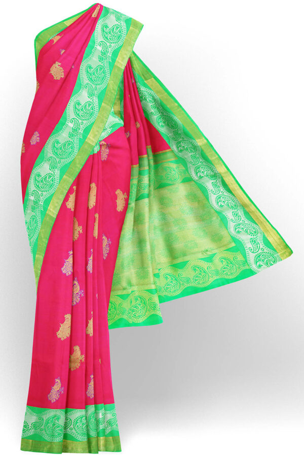 sri kumaran stores kanchipuram silk saree pink saree with golden neon green border 2