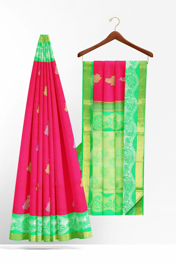 sri kumaran stores kanchipuram silk saree pink saree with golden neon green border 3