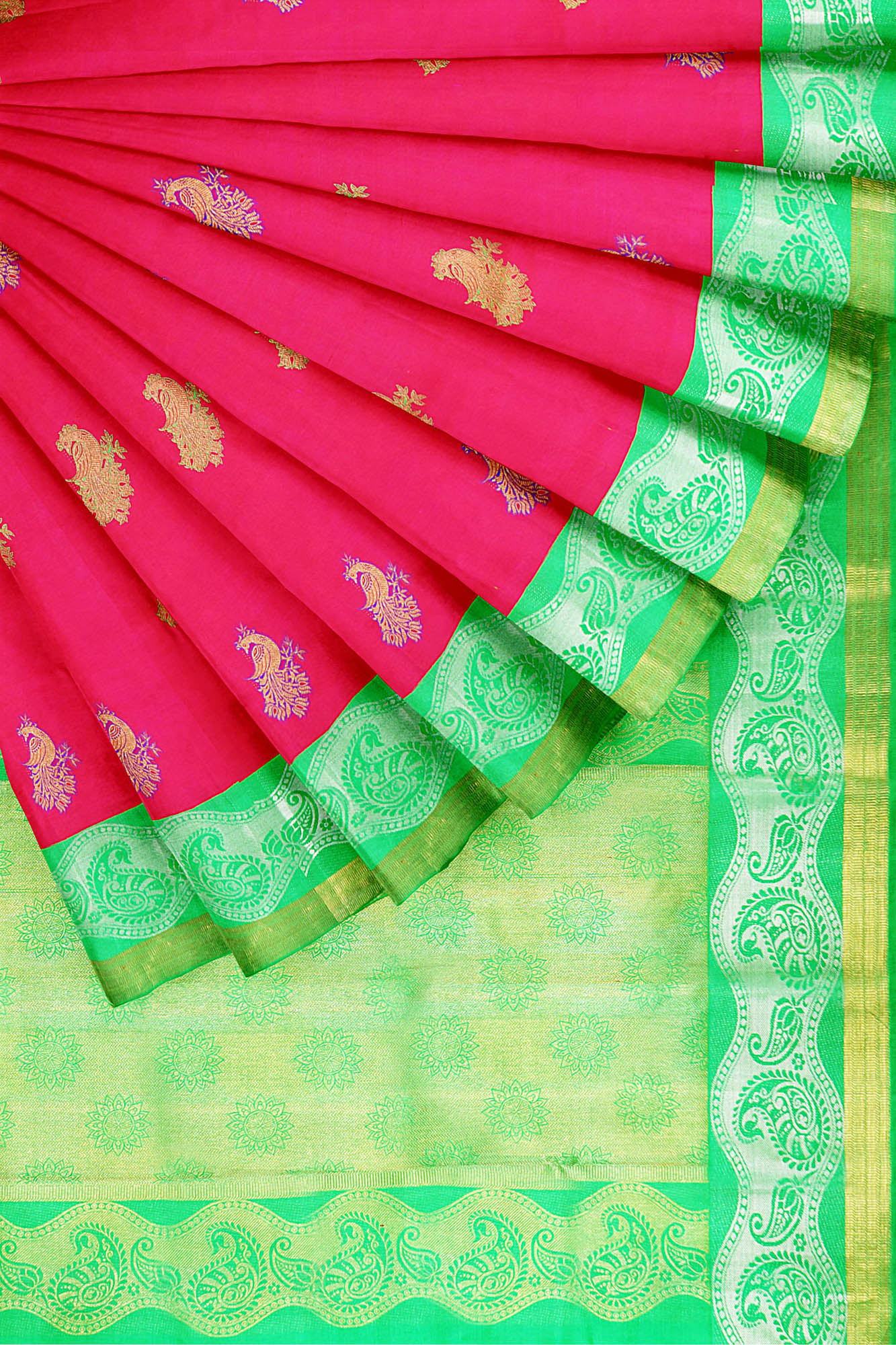 sri kumaran stores kanchipuram silk saree pink saree with golden neon green border 4