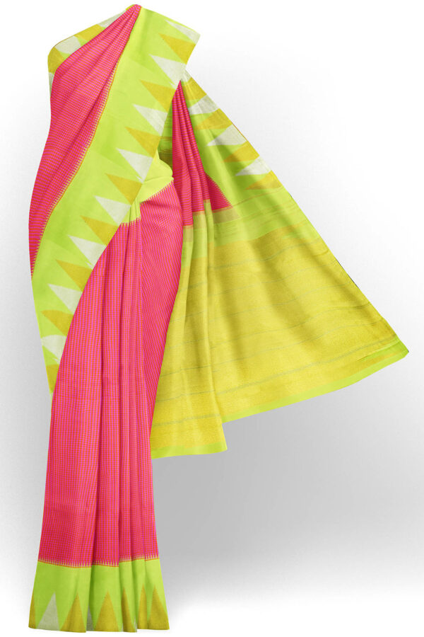 sri kumaran stores kanchipuram silk saree pink saree with neon green border 2