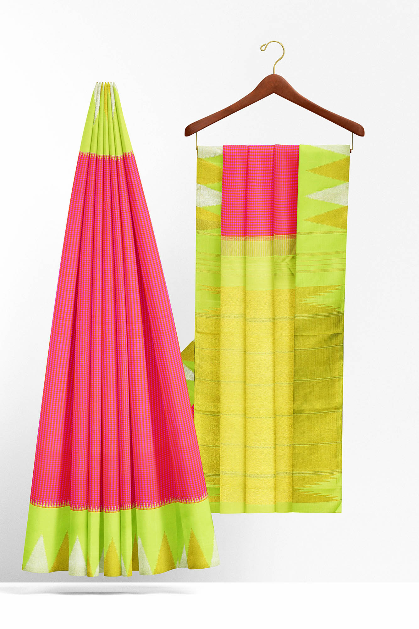 sri kumaran stores kanchipuram silk saree pink saree with neon green border 3