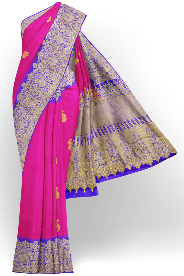 sri kumaran stores kanchipuram silk saree pink saree with silver blue border 1 2