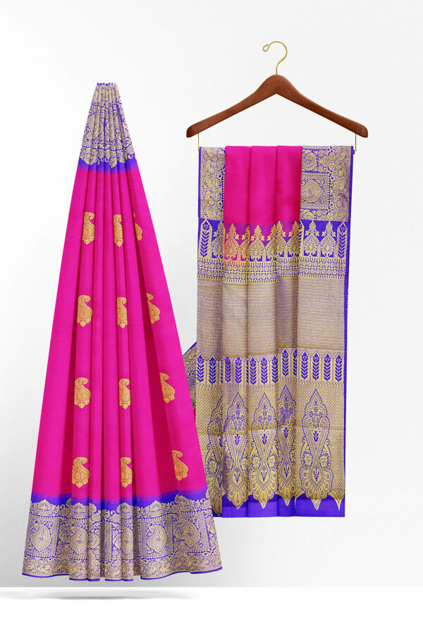 sri kumaran stores kanchipuram silk saree pink saree with silver blue border 1 3
