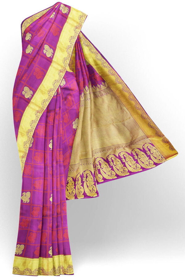 sri kumaran stores kanchipuram silk saree purple saree with golden colour border 2