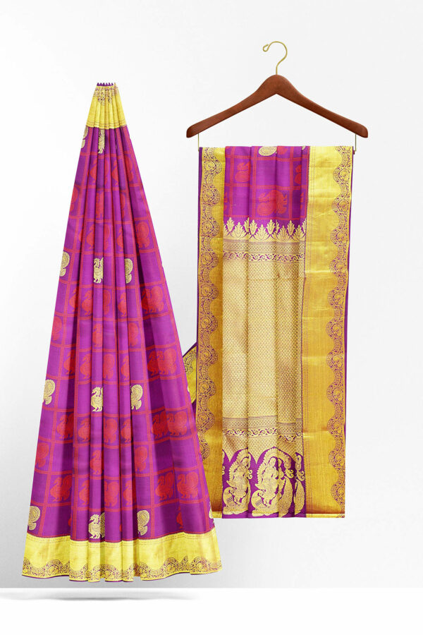 sri kumaran stores kanchipuram silk saree purple saree with golden colour border 3