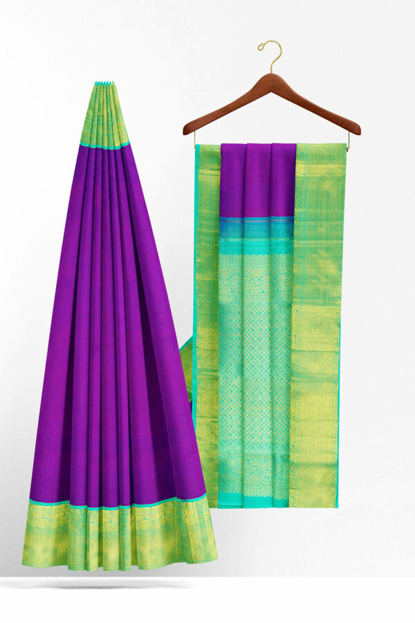 sri kumaran stores kanchipuram silk saree purple saree with turquoise blue border 3