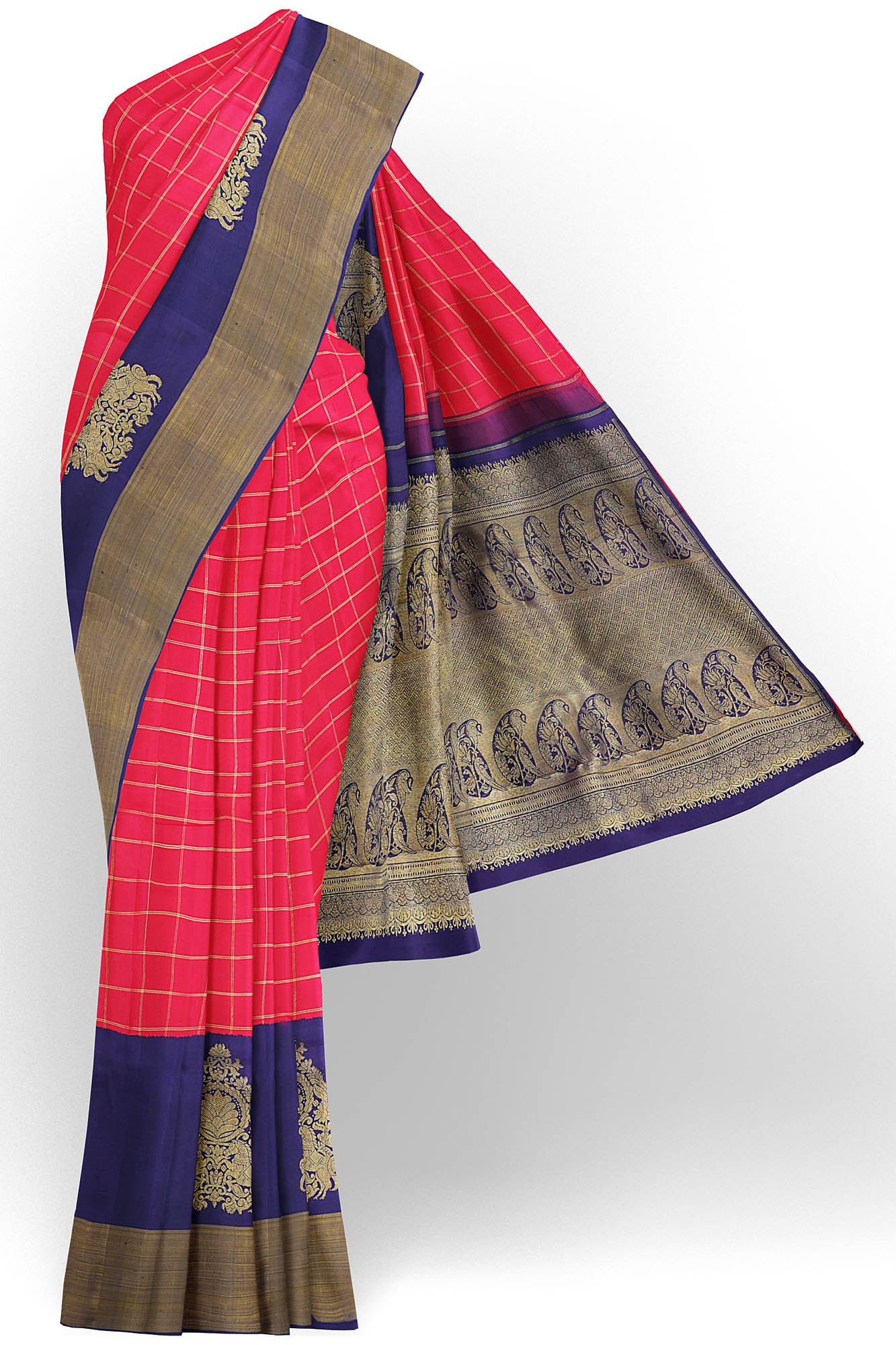sri kumaran stores kanchipuram silk saree red saree with golden dark blue border 2