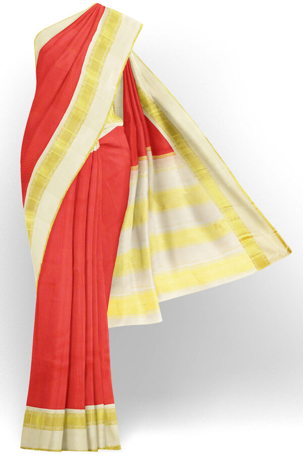 sri kumaran stores kanchipuram silk saree red saree with golden half white border 2