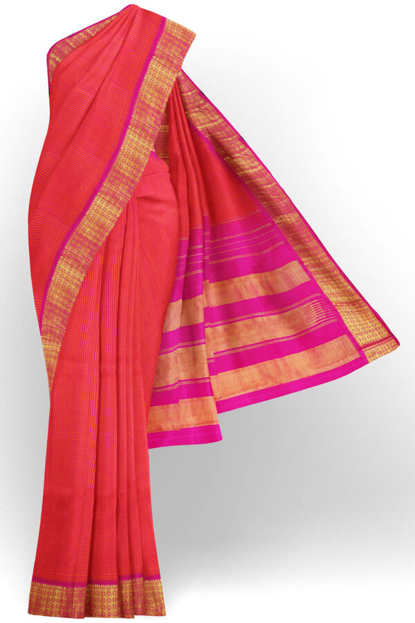 sri kumaran stores kanchipuram silk saree red saree with golden pink border 2