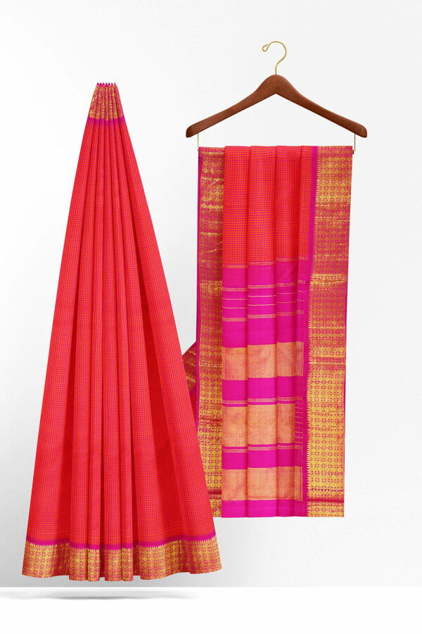 sri kumaran stores kanchipuram silk saree red saree with golden pink border 3