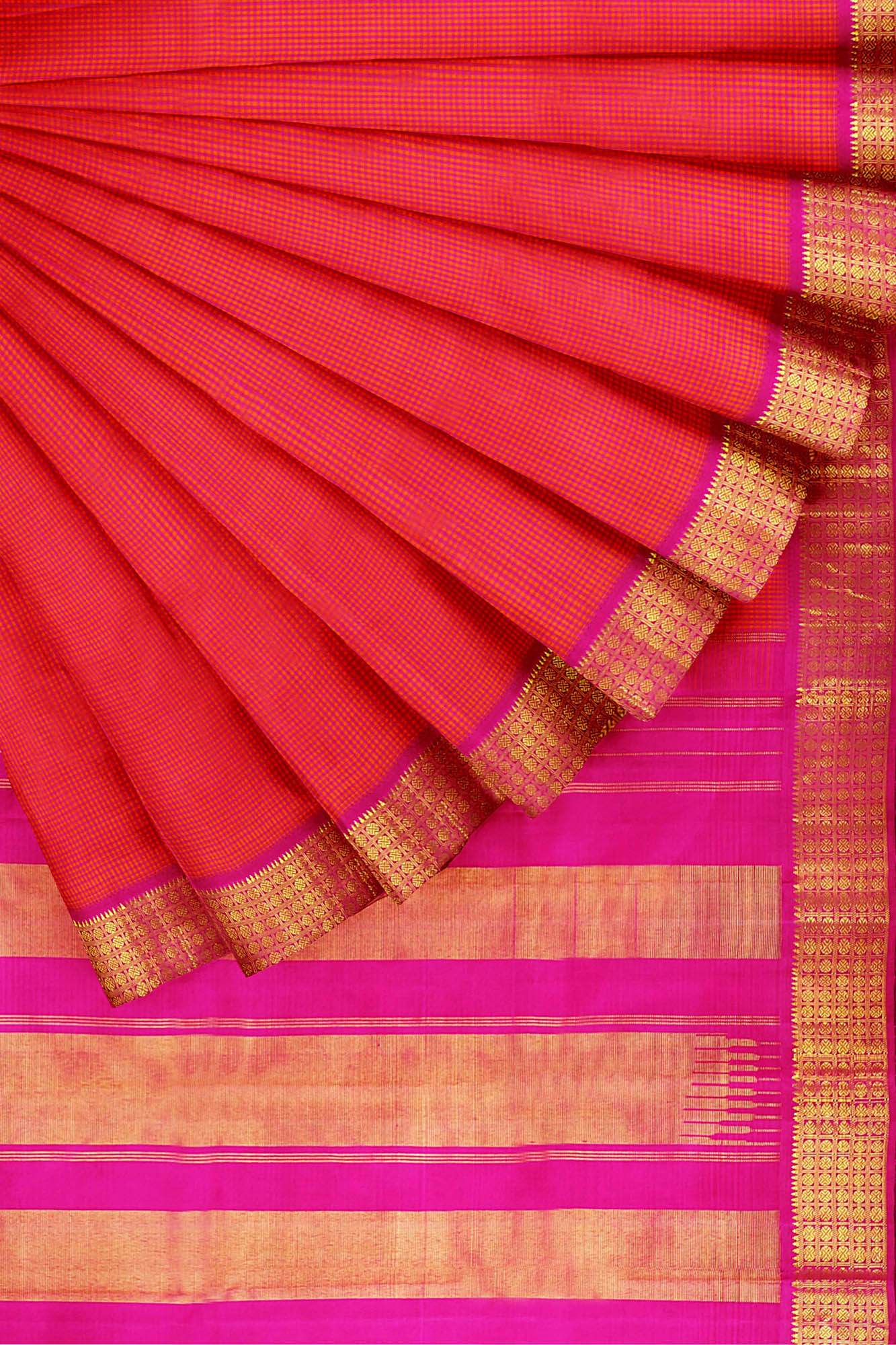 sri kumaran stores kanchipuram silk saree red saree with golden pink border 4