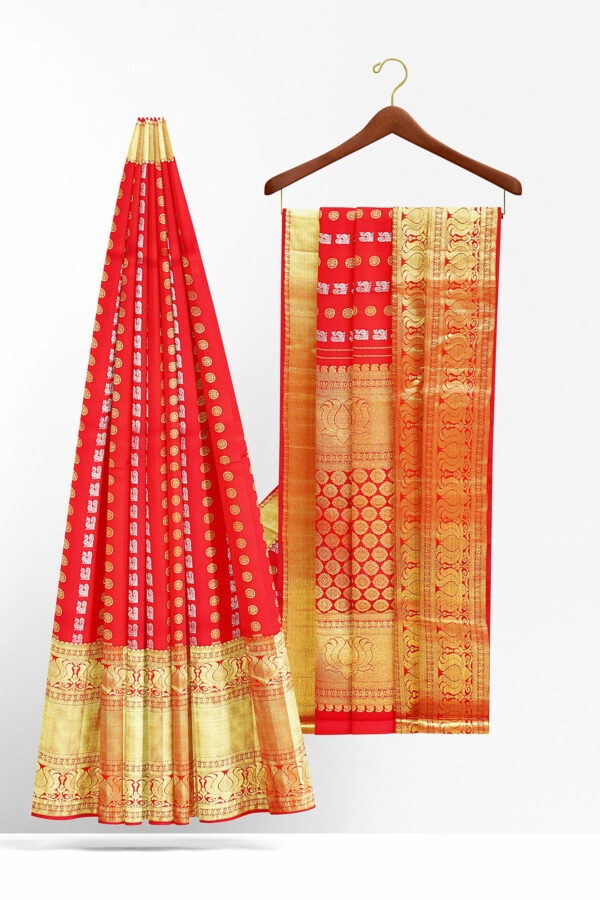 sri kumaran stores kanchipuram silk saree red saree with golden red border 3