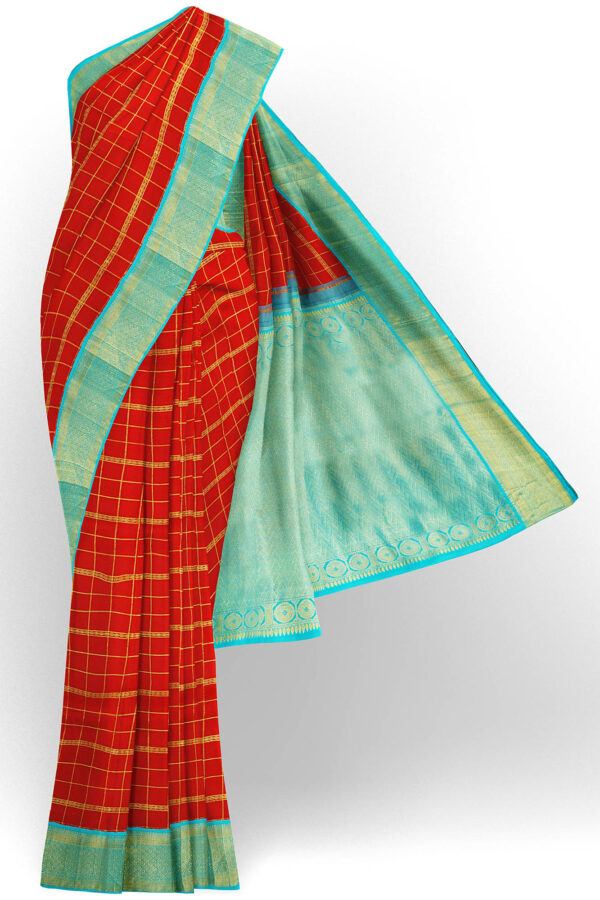 sri kumaran stores kanchipuram silk saree red saree with golden turquoise blue border 2