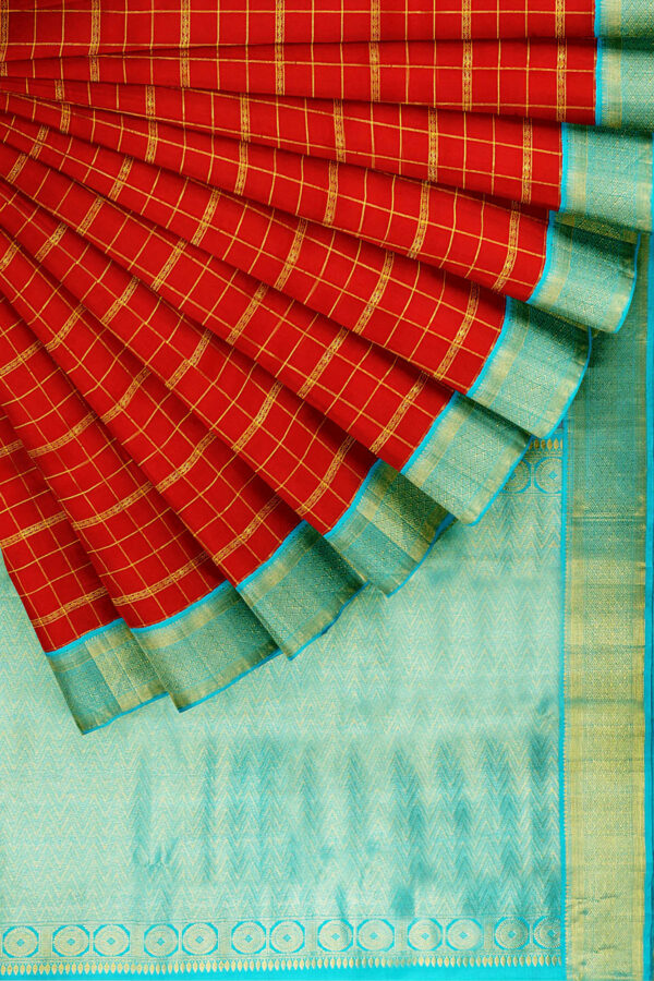 sri kumaran stores kanchipuram silk saree red saree with golden turquoise blue border 4