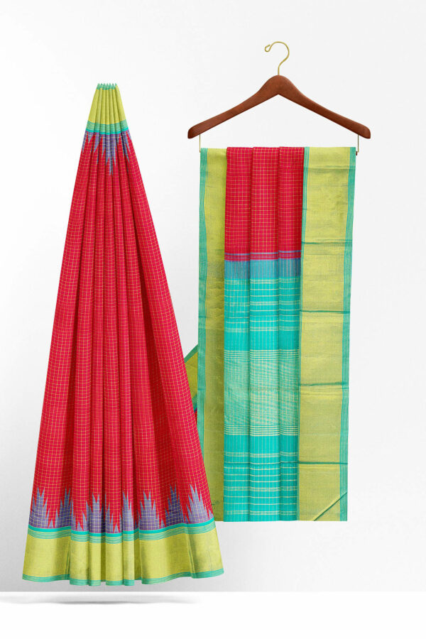 sri kumaran stores kanchipuram silk saree red saree with turquoise blue border 3