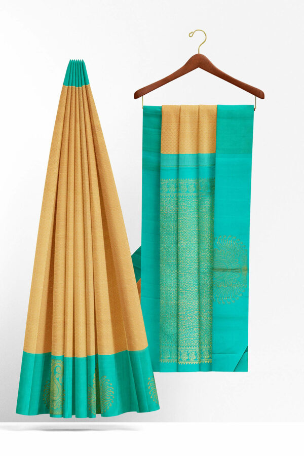 sri kumaran stores kanchipuram silk saree sandal saree with turquoise blue border 3