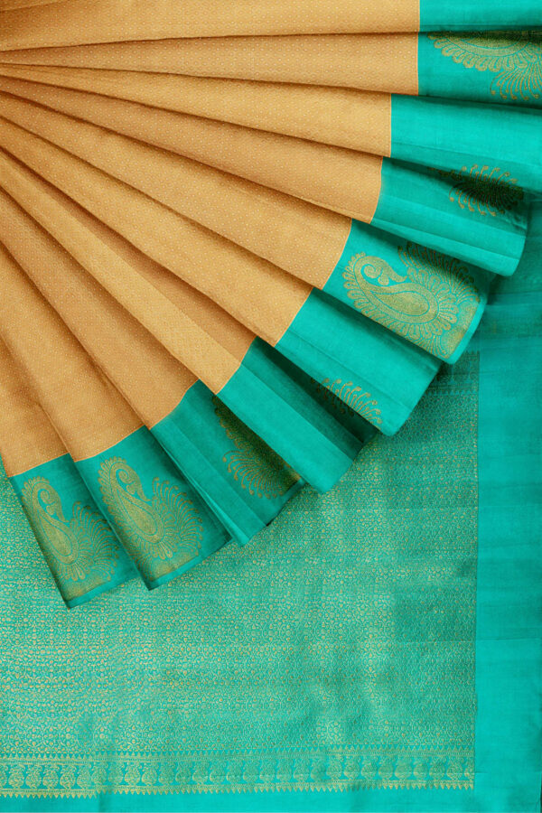 sri kumaran stores kanchipuram silk saree sandal saree with turquoise blue border 4