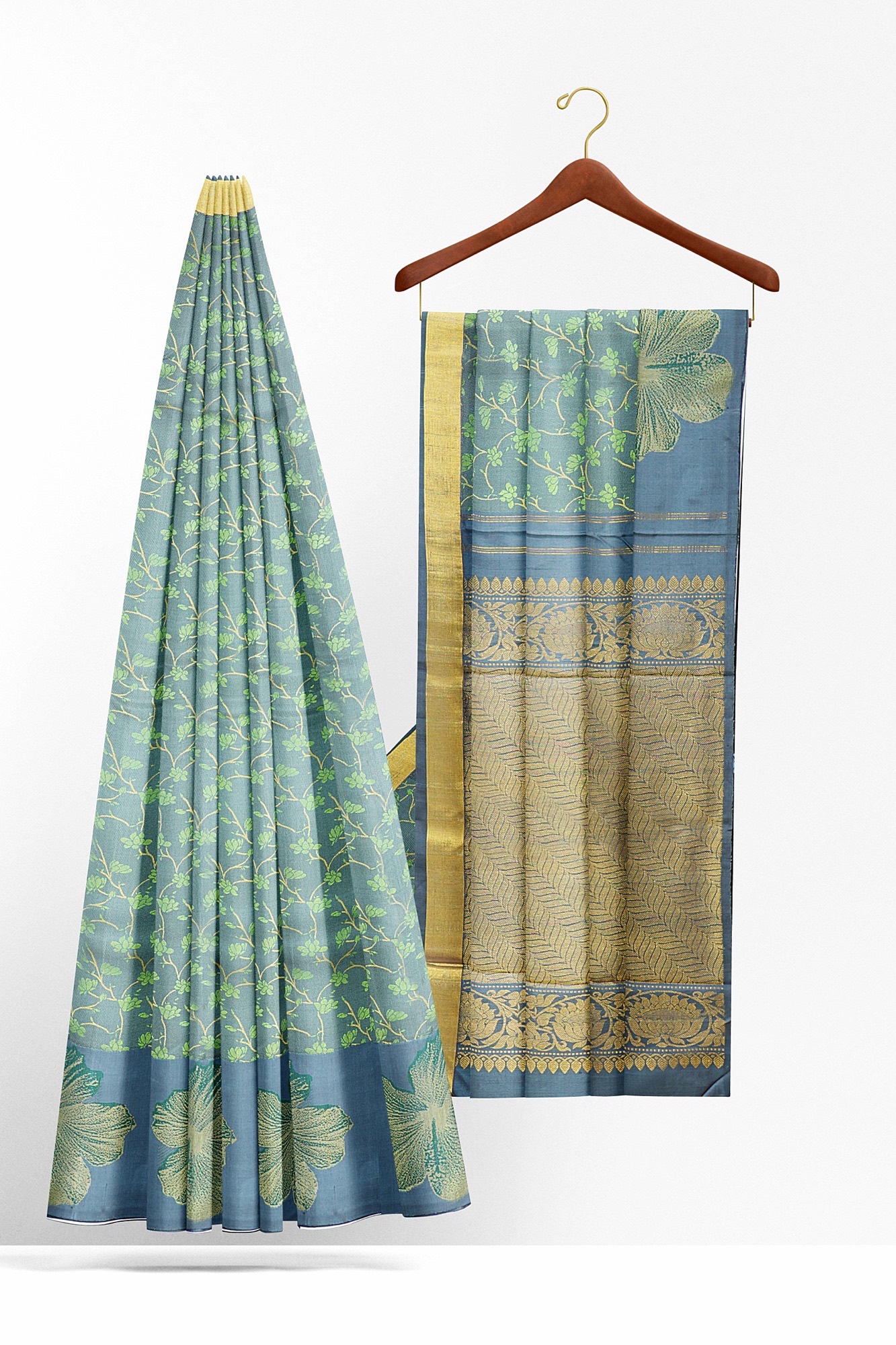 sri kumaran stores kanchipuram silk saree sea blue saree with light blue border 3