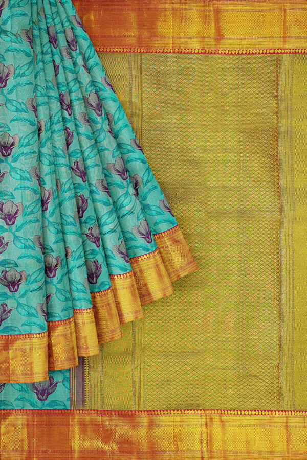 sri kumaran stores kanchipuram silk saree sky blue floral saree with golden red border 1